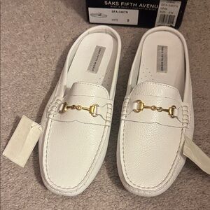 Saks Fifth Avenue White Leather Loafers with Gold Detail